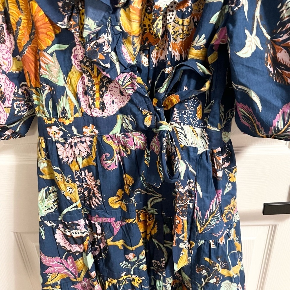 House of Harlow 1960 Floral Tropical Print Navy Blue Puff Sleeve Wrap Dress L - Picture 4 of 8